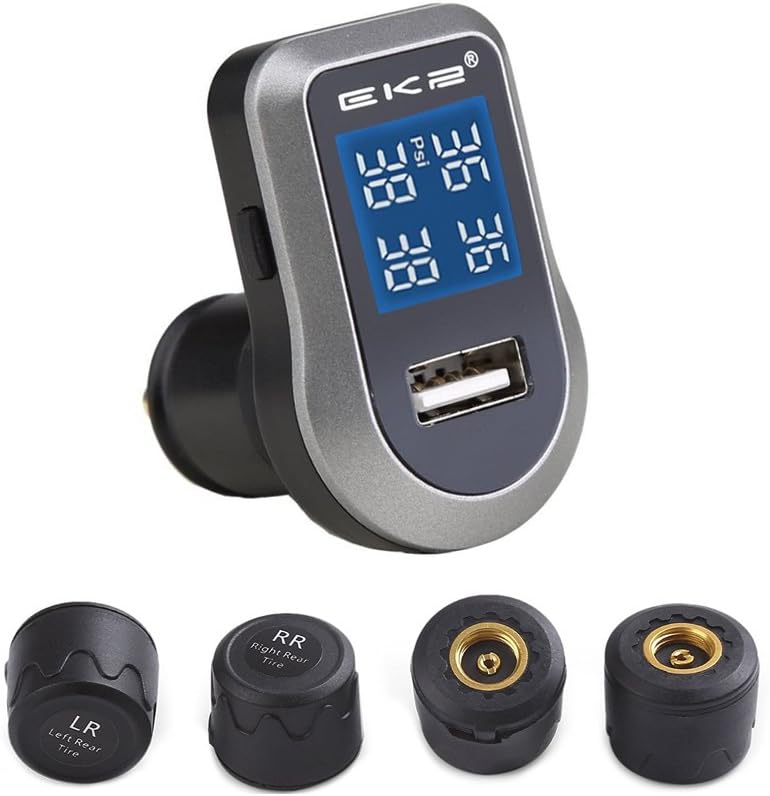 EK2 Wireless Tire Pressure Monitoring System TPMS,with Alarm Function and USB Interface, Tire Pressure and Temperature Gauge