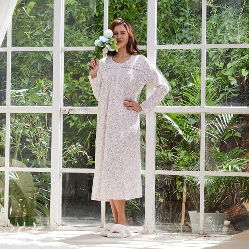 Keyocean Nightgowns for Women, Soft Cotton Comfy Lightweight Embroidered Long-sleeve Nightdress4