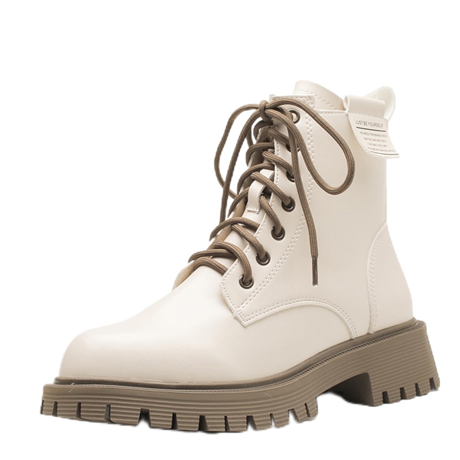 Womens Leather Platform Combat Boots Fashion Side Zipper Round toe Lace Up Chunky Lug Sole High Top Ankle