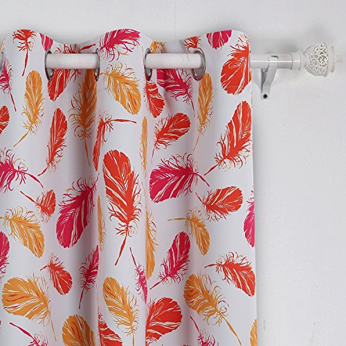 Deconovo Home Fashion Grommet Top Energy Efficient Feather Print Thermal Insulated Blackout Curtains for Girls Room, 42x95 Inch, Yellow and Rose
