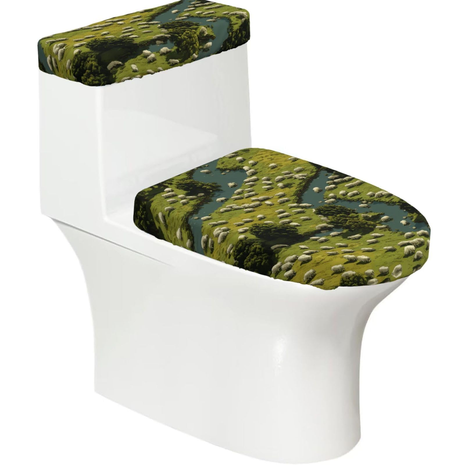 A Flock of Sheep 2-Piece Toilet Seat Cover Set with Tank Lid, Elastic Fit for U-Shape & Elongated Toilets, Bathroom Decor, Housewarming Gift