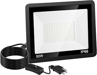 50W Flood Lights Outdoor,7000LM Bright LED Work Light,IP66 Waterproof Outside Lights for Yard with Switch and 6.5FT Plug,6500K Daylight White Portable Outdoor Yard Light for Garage,Garden,Stadium