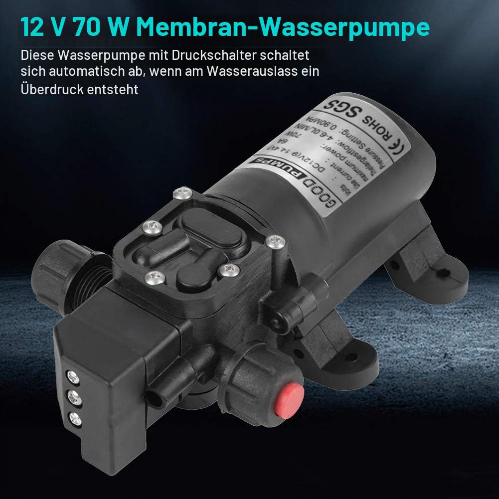 Selbstansaugende Pumpe 12 V, Wasserpumpen DC 12 V, 0,9 MPa, 6 l/min, 70 W, Hochdruckmembran, Garten, Landwirtschaft, Bewässerung, Schlauch für Wohnwagen Camping Boot