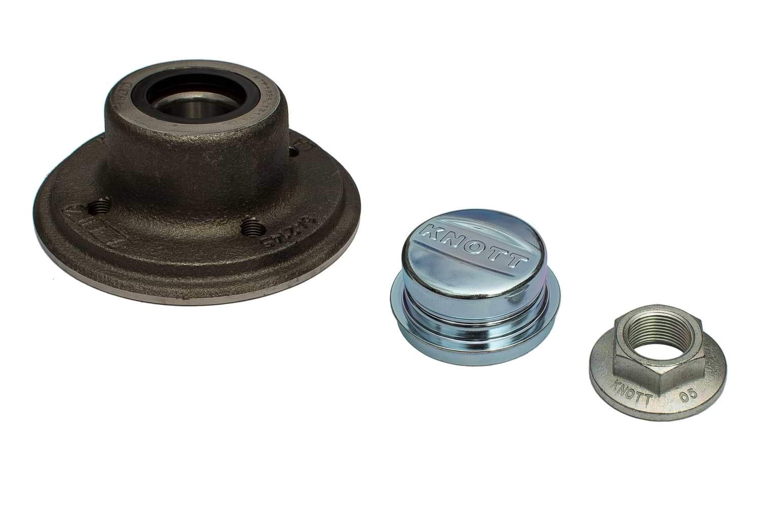 Knott Buje con Rodamiento para Eje de Remolque sin Freno 4x100, Kit de Repuesto Completo con Tuerca y Tapa Protectora, Compatible con Ejes Knott VG7, VG10 y VG13