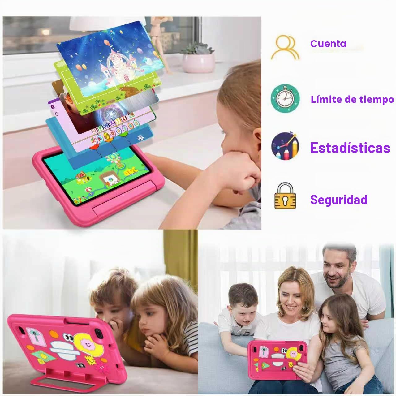 Niños Tablet 7 Pulgadas Android AI, 10GB RAM + 64GB ROM (TF 1TB), WiFi 6, Bluetooth 5.0, 8-Core, 3500mAh, Control Parental, Dual Cámara, GMS, Tabletas para Niños con Funda EVA - Rosa