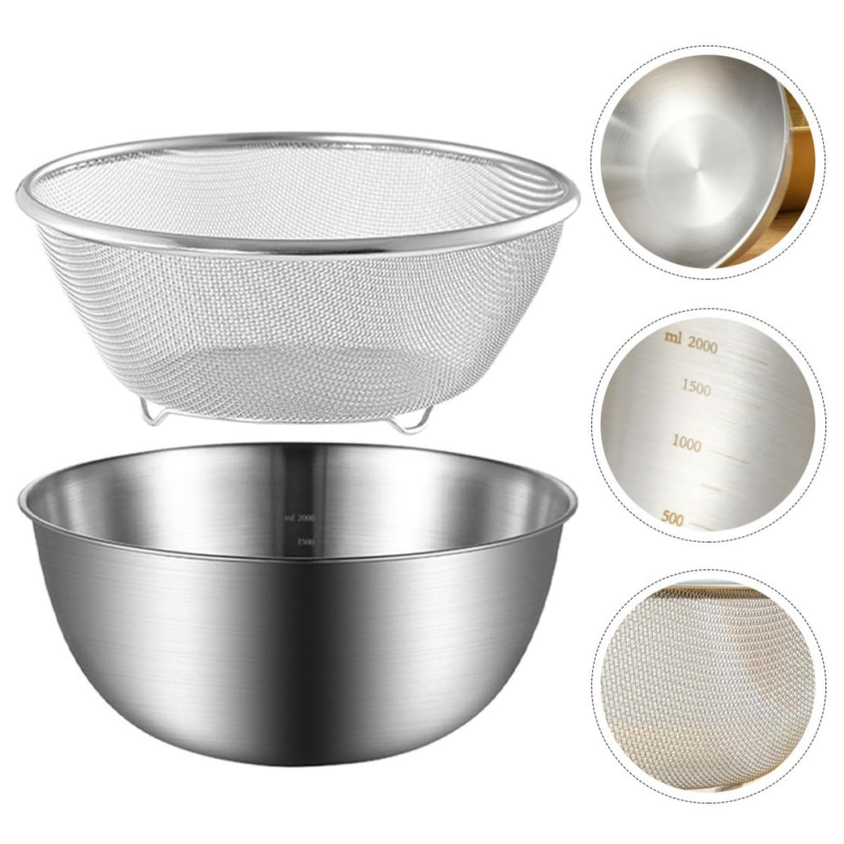 OSALADI Set 2 Pezzi Scolapasta e Ciotola in Acciaio Inox per Lavare Riso e Frutta, Fondo Piatto Stabile e Antiscivolo per Uso Domestico in Cucina