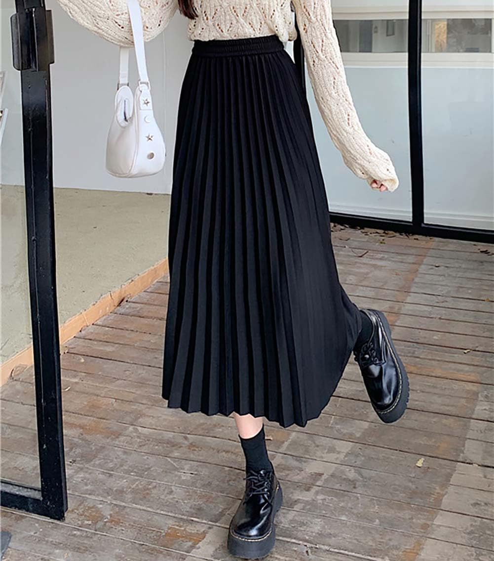 Jupe plissée midi pour femme - Taille haute - Élastique - Ligne A - Jupe longue pour femme - Automne Hiver - Tendance et décontractée