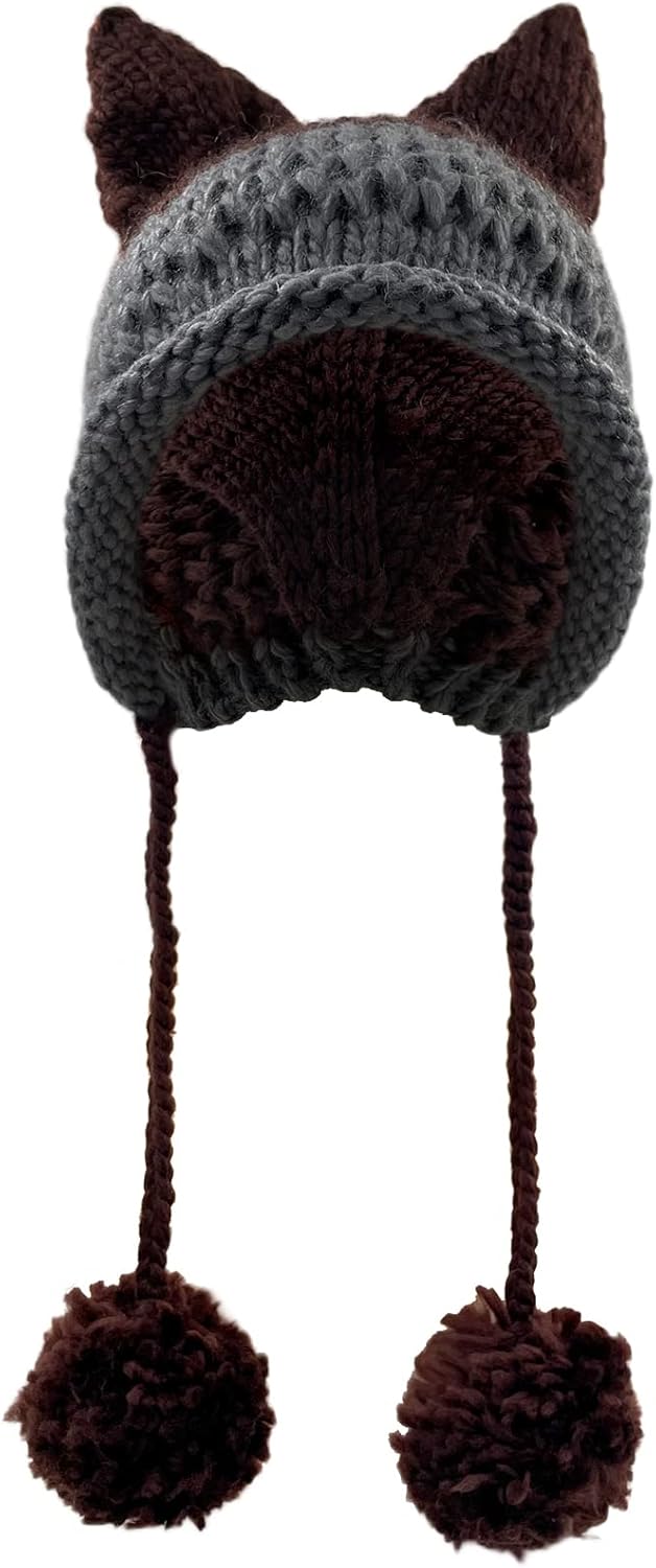 Cat Ear Beanie with Ear Flap Pompom Cute Fox Ears Hat Y2k Gothic Handmade Crochet Beanie for Women Teen Girls Snow Winter - Image 2