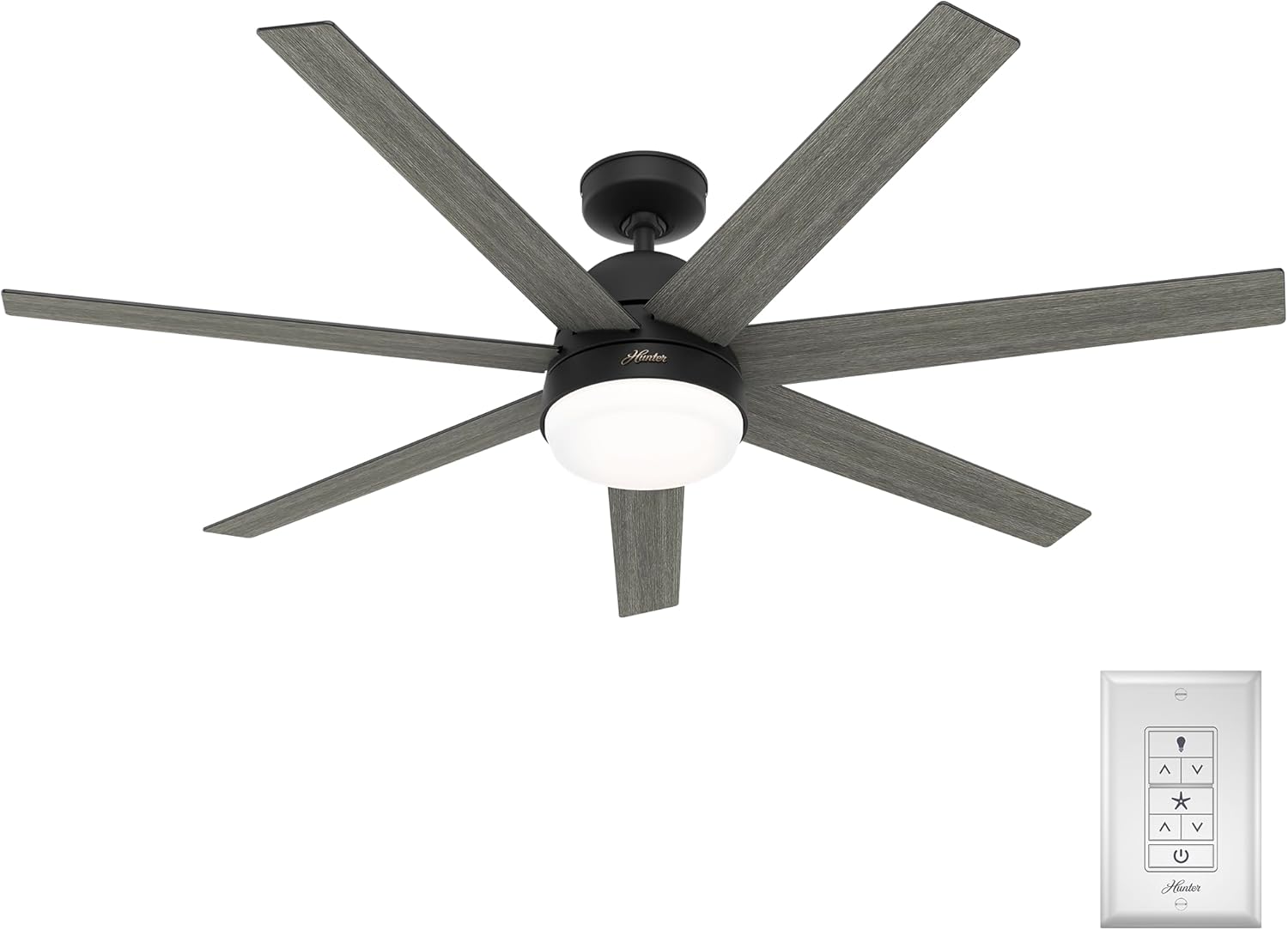 Hunter 60 inch Indoor Ceiling Fan with LED Light and Wall Control - Black Smart Ceiling Fan, Standard Mount, 7 Blades, For Bedroom or Living Room, Quiet - Phenomenon 51376, Matte Black