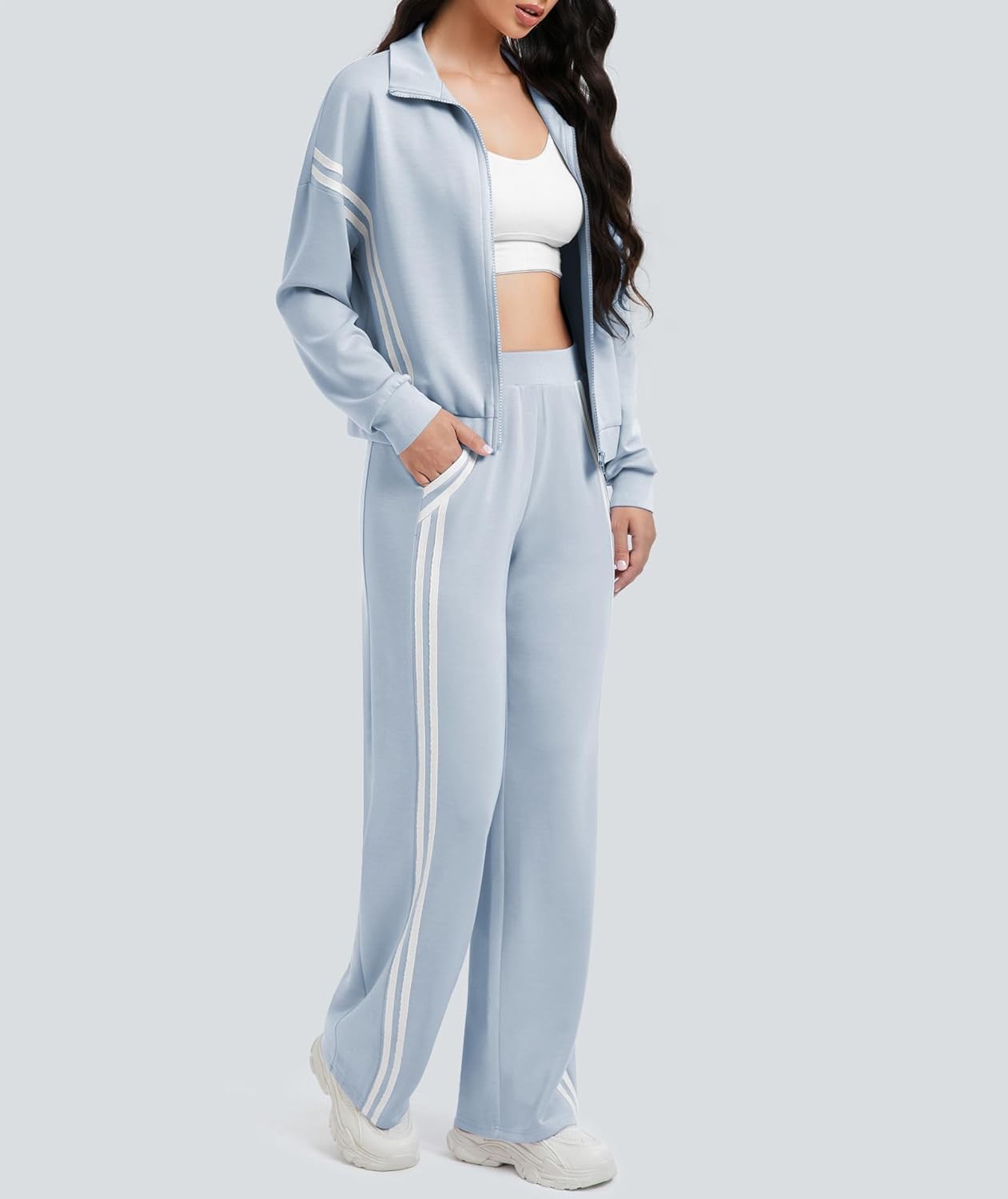 Casly Lamiit Women's 2 Piece Lounge Outfits Zip Up Sweat Set Contrast Striped Wide Leg Jogging Pants Travel Track Suit - Image 3