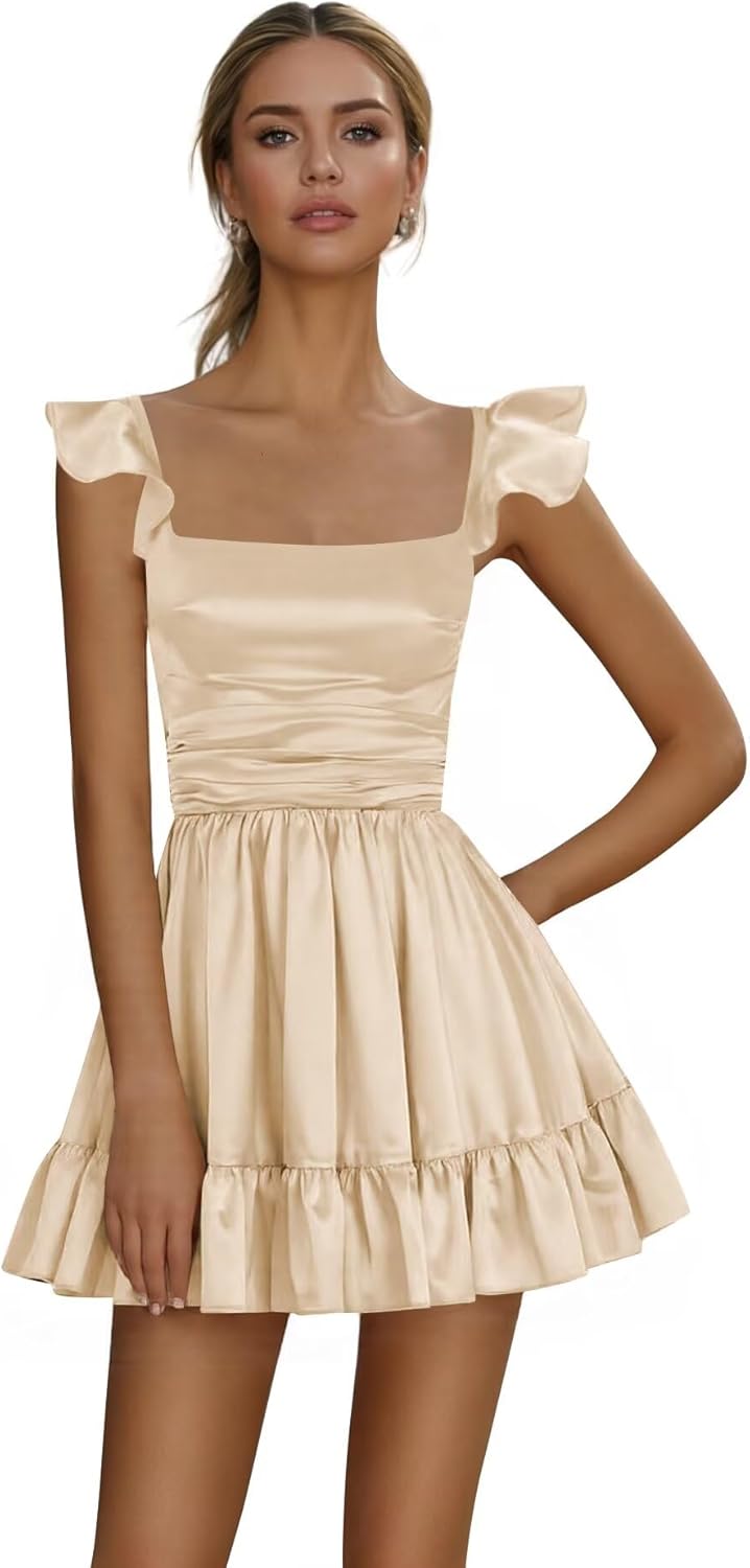 Fancy Ruffle Homecoming Dresses Short Ruched Satin Formal Prom Party Dresses Mini for Teens