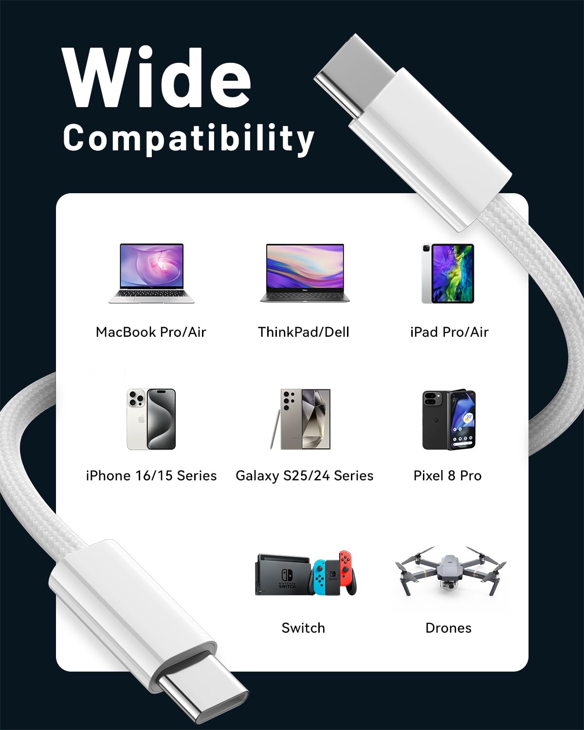 Cable USB C a USB C de 240 W (paquete de 2 unidades de 6.6 pies), cable USB C a USBC, cable de carga rápida tipo C para Samsung Galaxy S25 S24 S23 S26 Ultra, iPhone 17 16 15 Pro Max, MacBook Pro, Moto