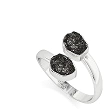 Natural Raw/Rough Black Tourmaline 2 Stone Size Adjustable Stackable Twister Ring for Women in Sterling Silver, October Birthstone Jewelry Gifts for Her Bezel-Set