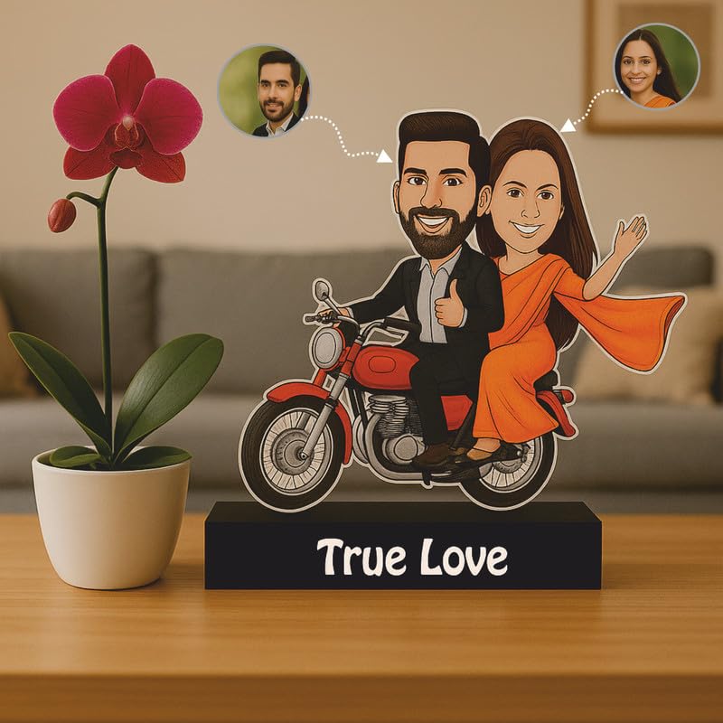 Image of THE GRANDEUR Acrylic Personalized Rider Couples Caricature Display, Custom Wooden Stand, for Husband, Room Decor