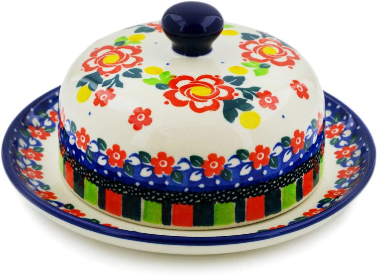 Polmedia Polish Pottery Dish with Cover UNIKAT - Floral Puzzles Pattern Handmade in Boleslawiec Poland by Ceramika Artystyczna + Certificate of Authenticity