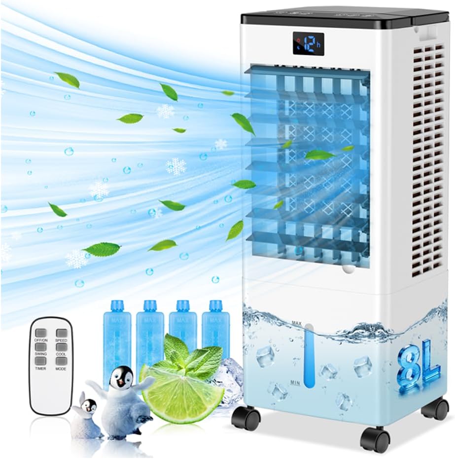 Portable Air Conditioners, 4-IN-1 Evaporative Air Cooler, Portable AC Unit w/ 4 Modes & 3 Speeds, Swamp Cooler w/ 12H Timer & Remote, Fast Cooling Room Air Conditioner for Bedroom Home Office Garage