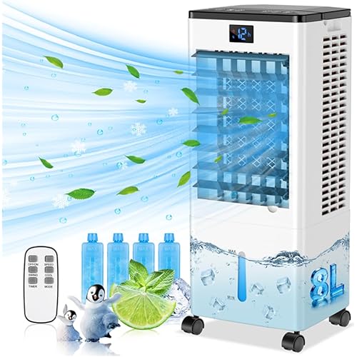Portable Air Conditioners, 4-IN-1 Evaporative Air Cooler, Portable AC Unit w/ 4 Modes & 3 Speeds, Swamp Cooler w/ 12H Timer & Remote, Fast Cooling Room Air Conditioner for Bedroom Home Office Garage