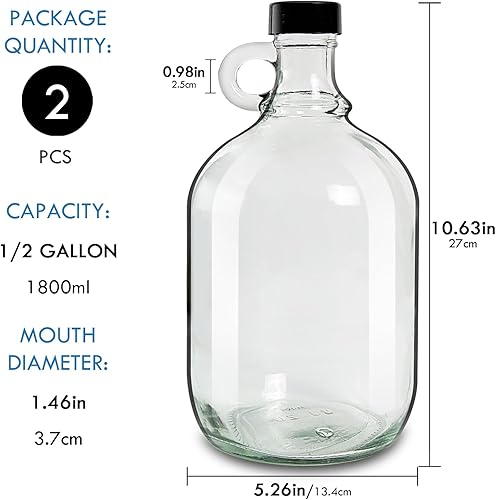 Miniatura 10 de Jarra de vidrio de 1 galón (128 onzas), botellas de agua de vidrio con asa, jarras Growler incluye tapa de Polyseal de 1.496 in para Kombucha