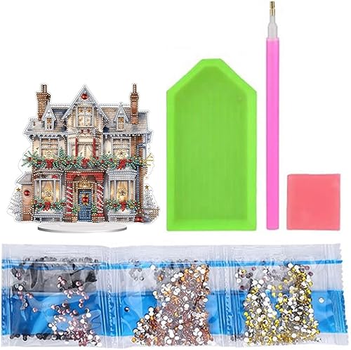 Miniatura 9 de AZURAOKEY 2 paquetes de arte de diamantes de cristal, adornos de mesa, cabaña de Navidad, forma especial, decoración de mesa de arte de diamante,