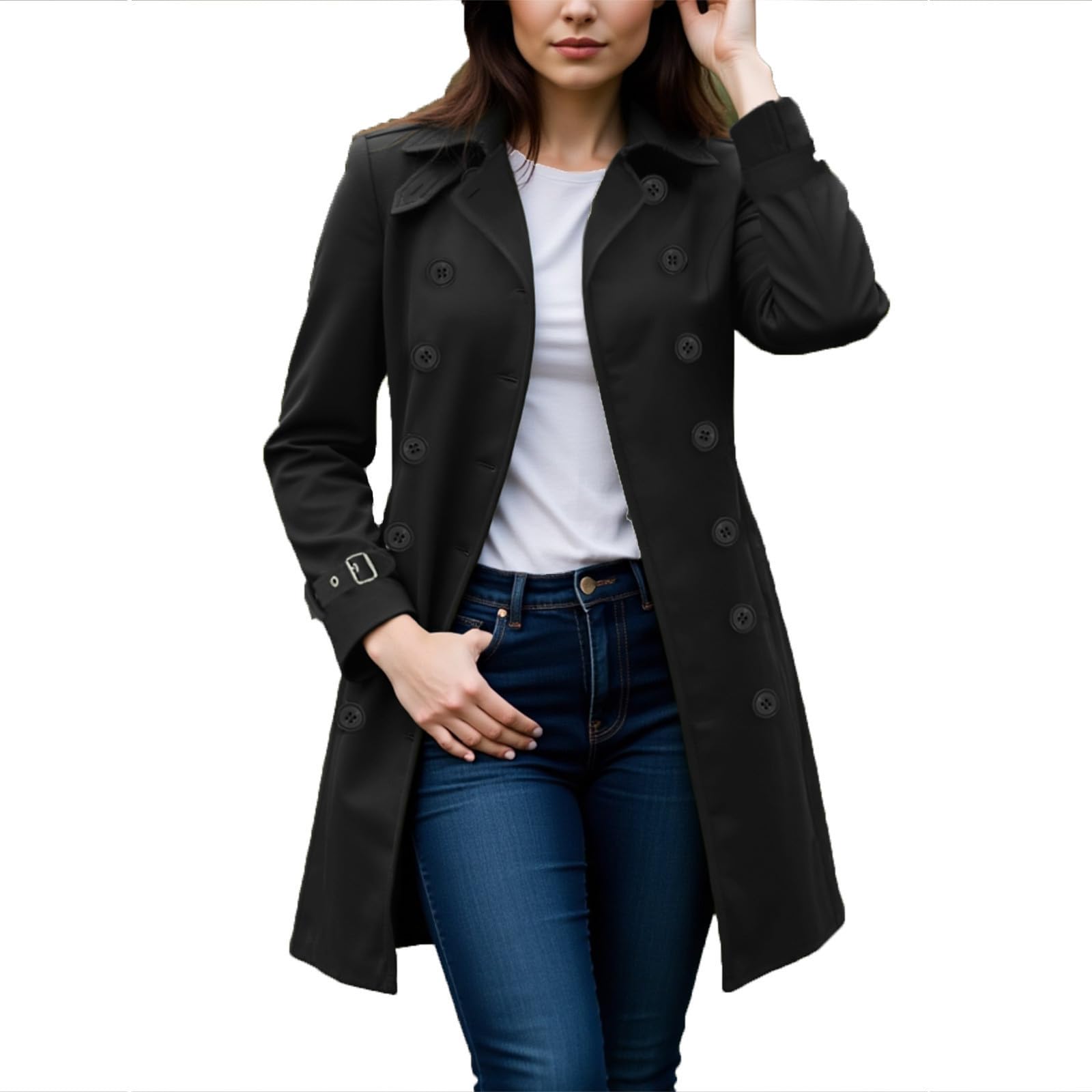 Trenchcoat Damen Lange Warme Wolle Zweireihig Mantel Elegant Winterjacke