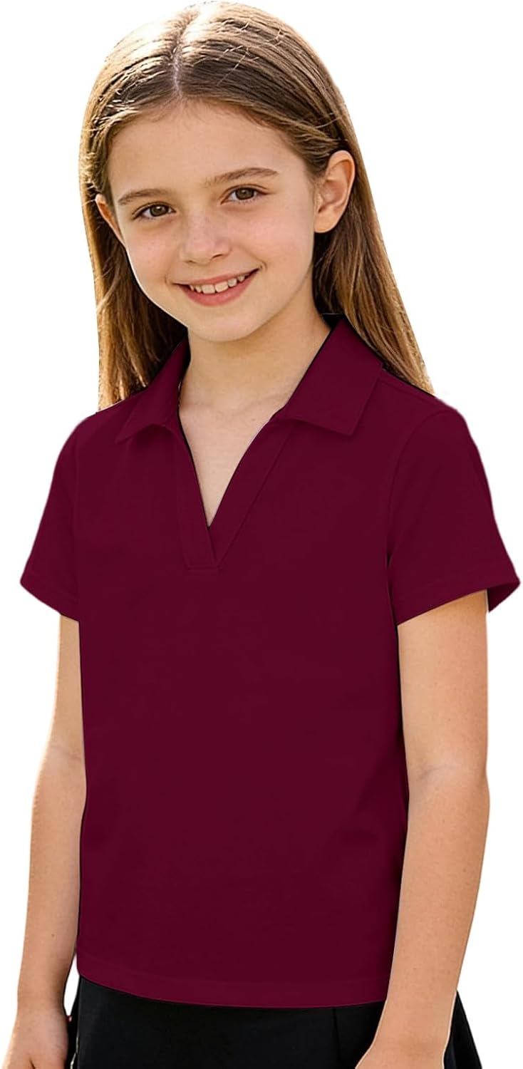 Girls Polo Shirts Short Sleeve V-Neck Collared Quick Dry T Shirts Golf Tennis School Uniform Tops for Boys 3-14 Years