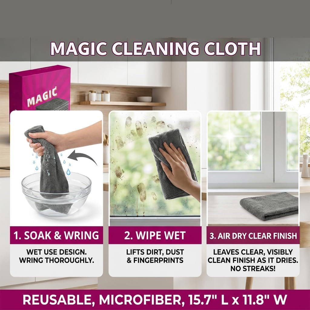 Genie Cloth Magic Cloth, Genie Magic Cleaning Cloth 6 Pack for Glass