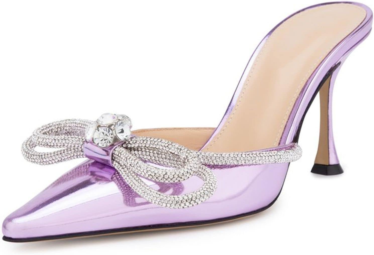 LauraVicci Women High Heeled Mules Rhinestone Embellished Crystal Double Bow Satin Sandals Pointy Toe Stiletto Shoes Summer Bridal Shoes