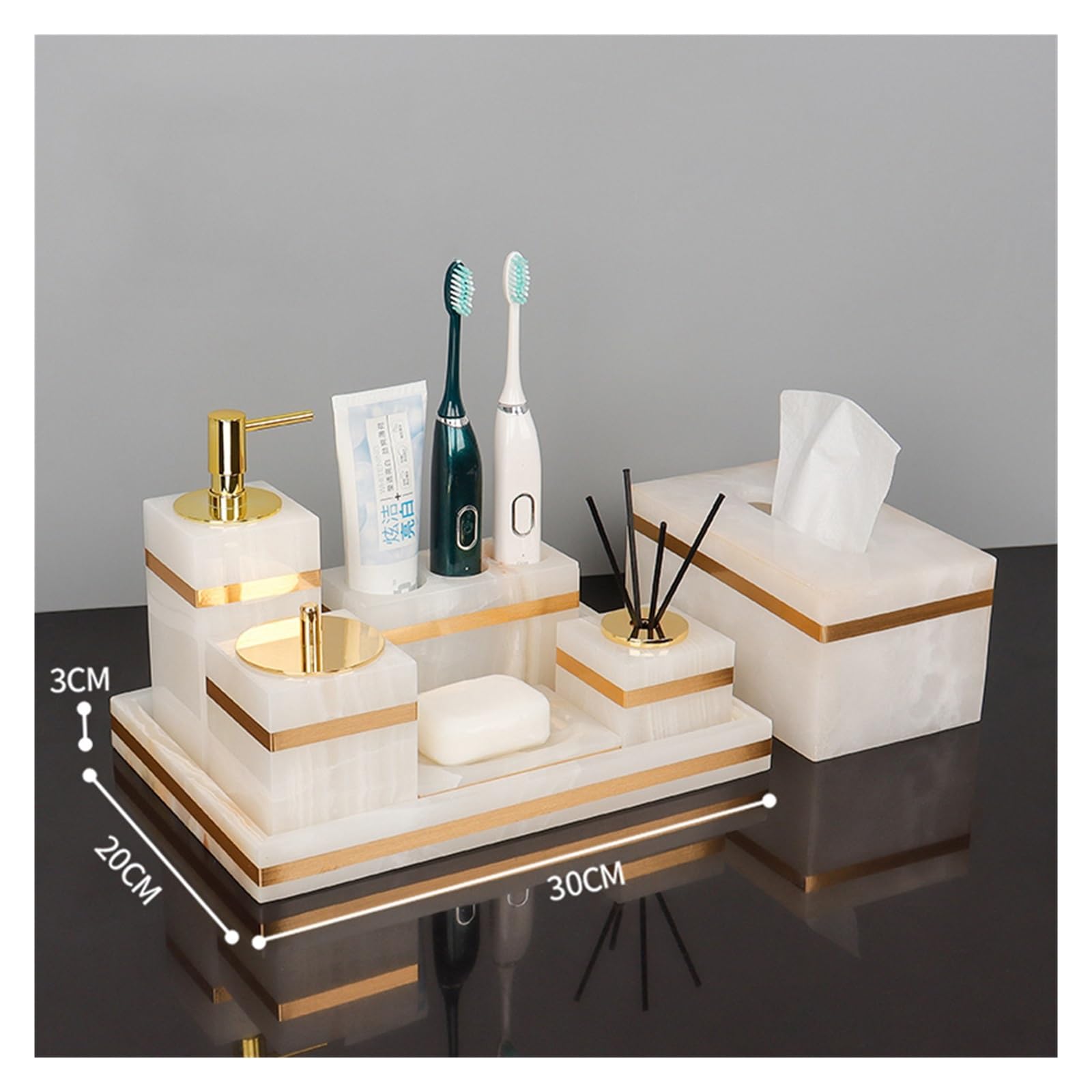Manguera De Ducha Accesorios de baño mármol natural blanco Dispensador jabón lujo dorado Soporte for hisopos algodón for cepillo dientes Juego(Aromatherapy bottle)