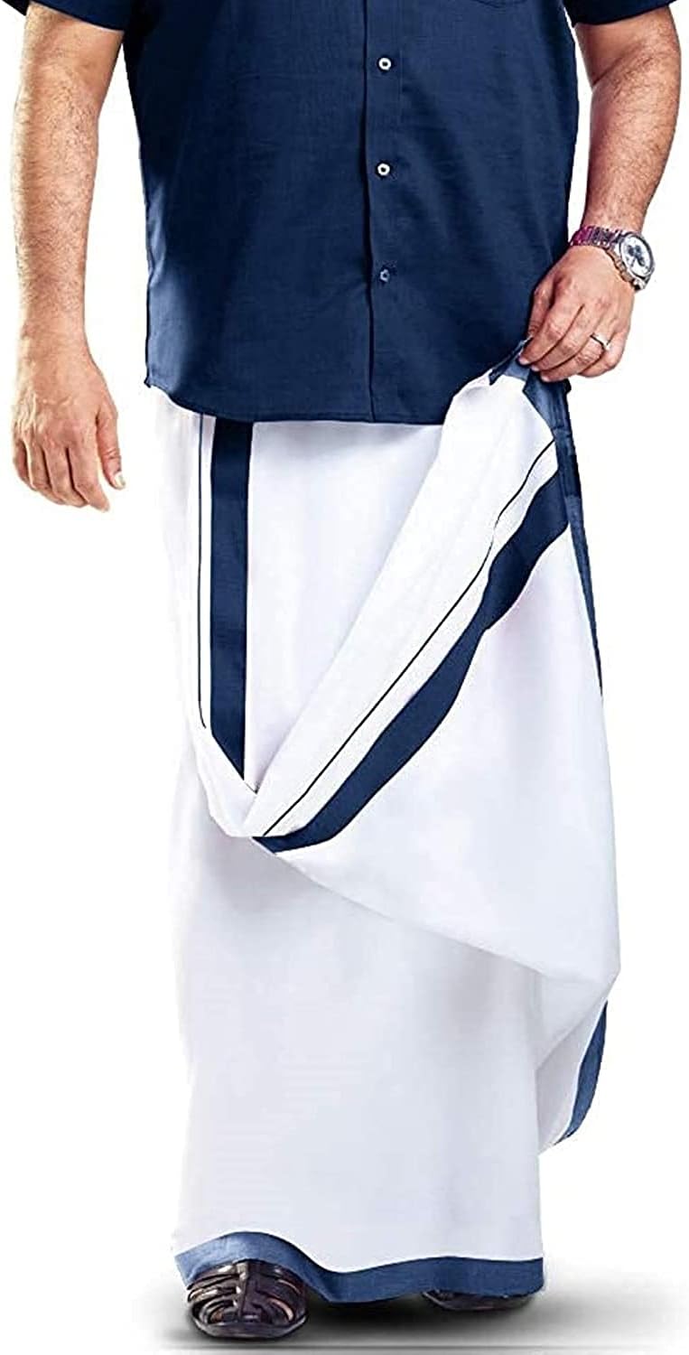 RAGINI V Men's Pure Cotton Double Dhoti (White With Colour Border_4m)