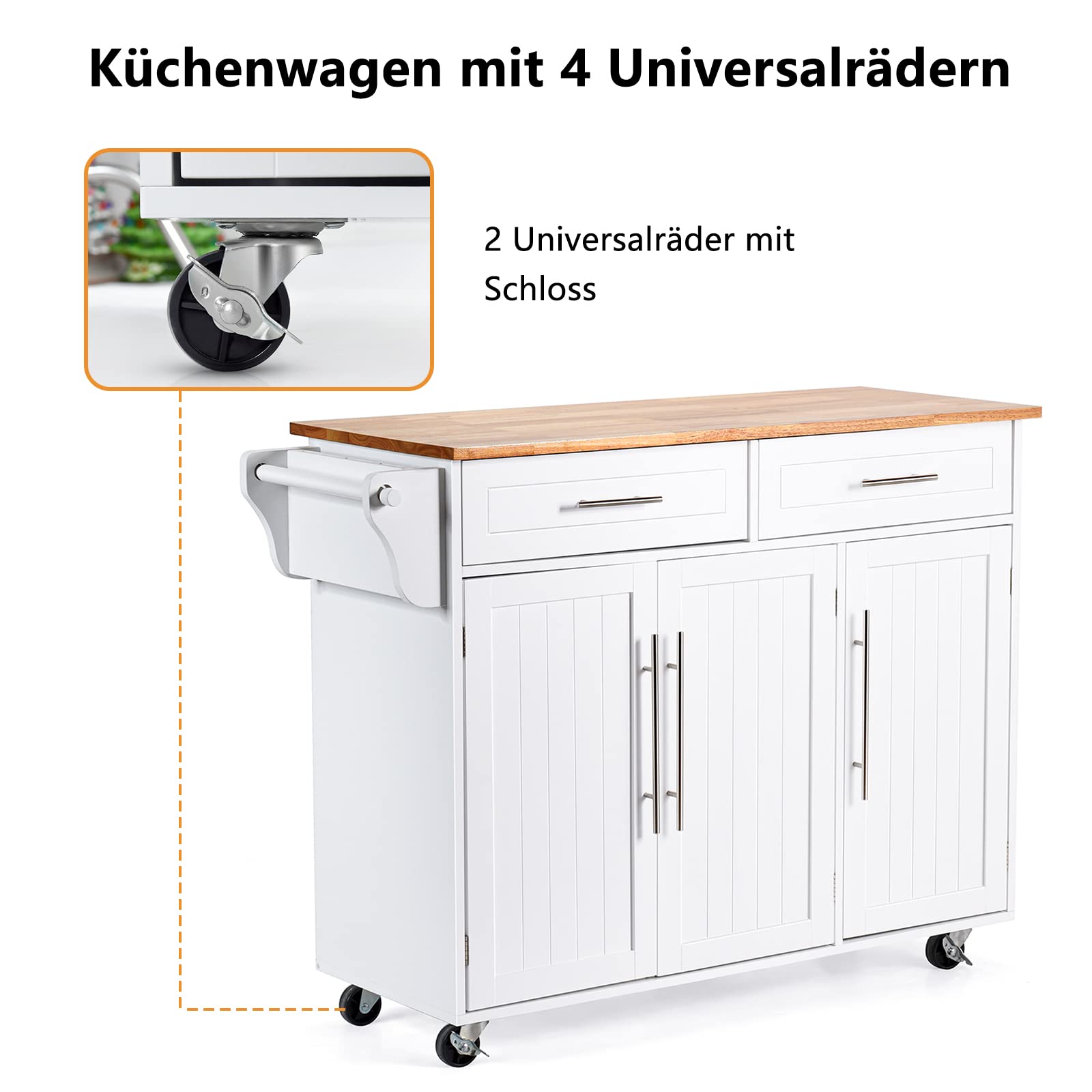 RELAX4LIFE Carrito de Cocina de 3 Puertas con 4 Ruedas, Carro de Servicio con 2 Cajones y 6 Estantes, Carrito Auxiliar con Toallero para Cocina y Baño, Madera Maciza, 122x40x93cm, Blanco