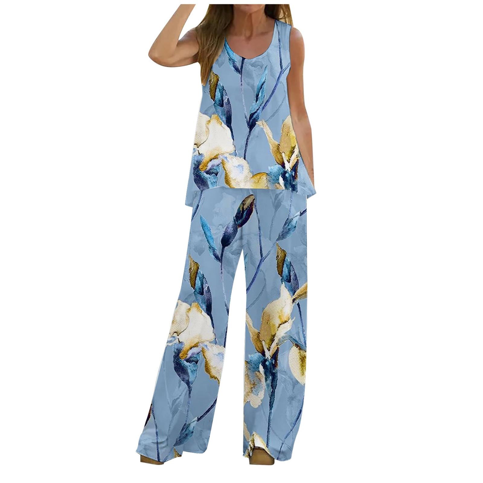 Gefomuofe Conjunto de dos piezas para mujer, camiseta y pantalones de verano, camiseta y pantalones largos, tallas grandes, traje de lino ligero y aireado, tallas grandes, conjunto de lino para mujer