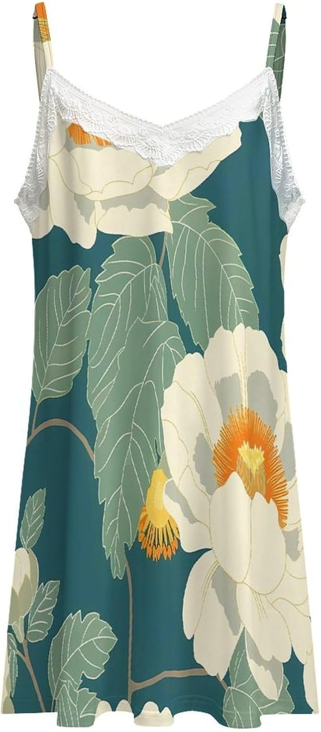 White Flowers Women's Nightgowns Sleepwear Adjustable Spaghetti Strap Sleep Dress Sleepshirt
