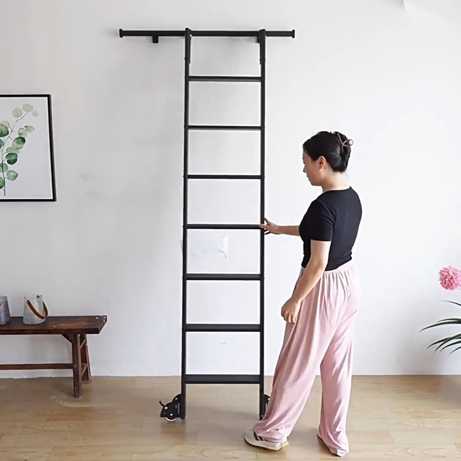 Library Sliding Ladder Hardware Kit with Floor Roller Metal Round Tube Track/Rail Hook Assemblies(12ft/3.66m Track kit)