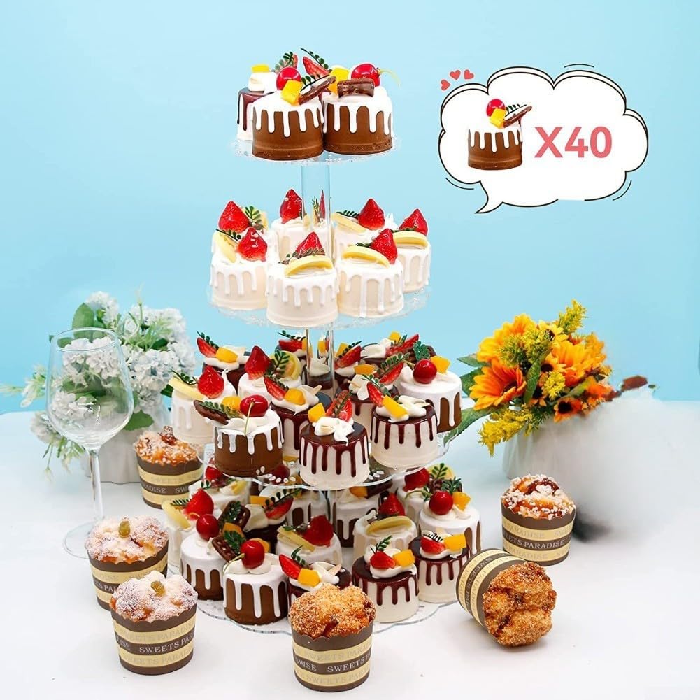 Soporte acrílico para cupcakes de 4 niveles con borde de encaje para bodas, soporte de exhibición transparente de torre de postre de 37 cm (4)