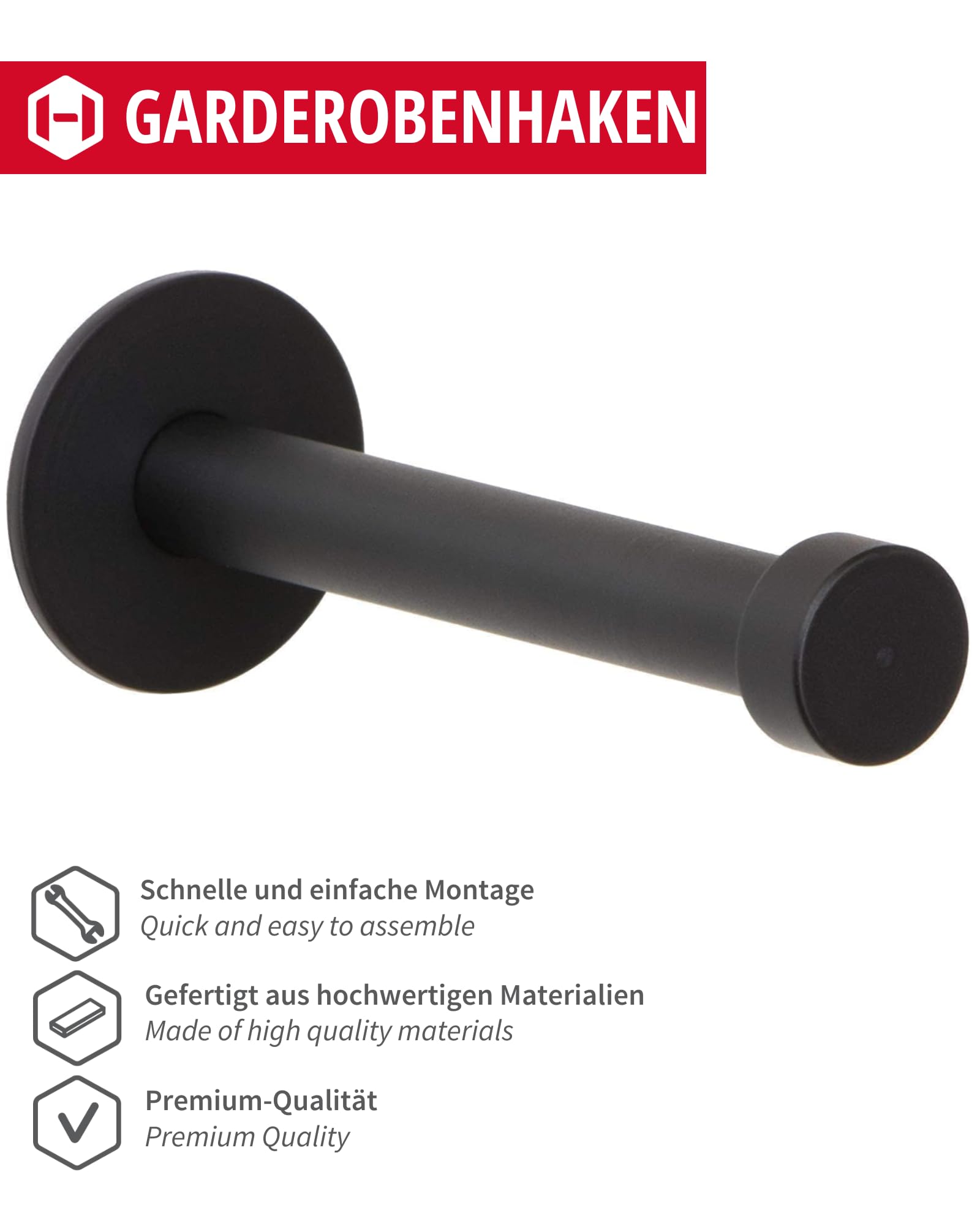 Gedotec Garderoben-Haken | UP | Aufhänger Tiefe: 52 mm | 10 Stück | schwarz Kleiderhaken Edelstahl | Wand-Garderobe zum Schrauben | Mantelhaken Vintage | Design Wandhaken mit Befestigungsmaterial