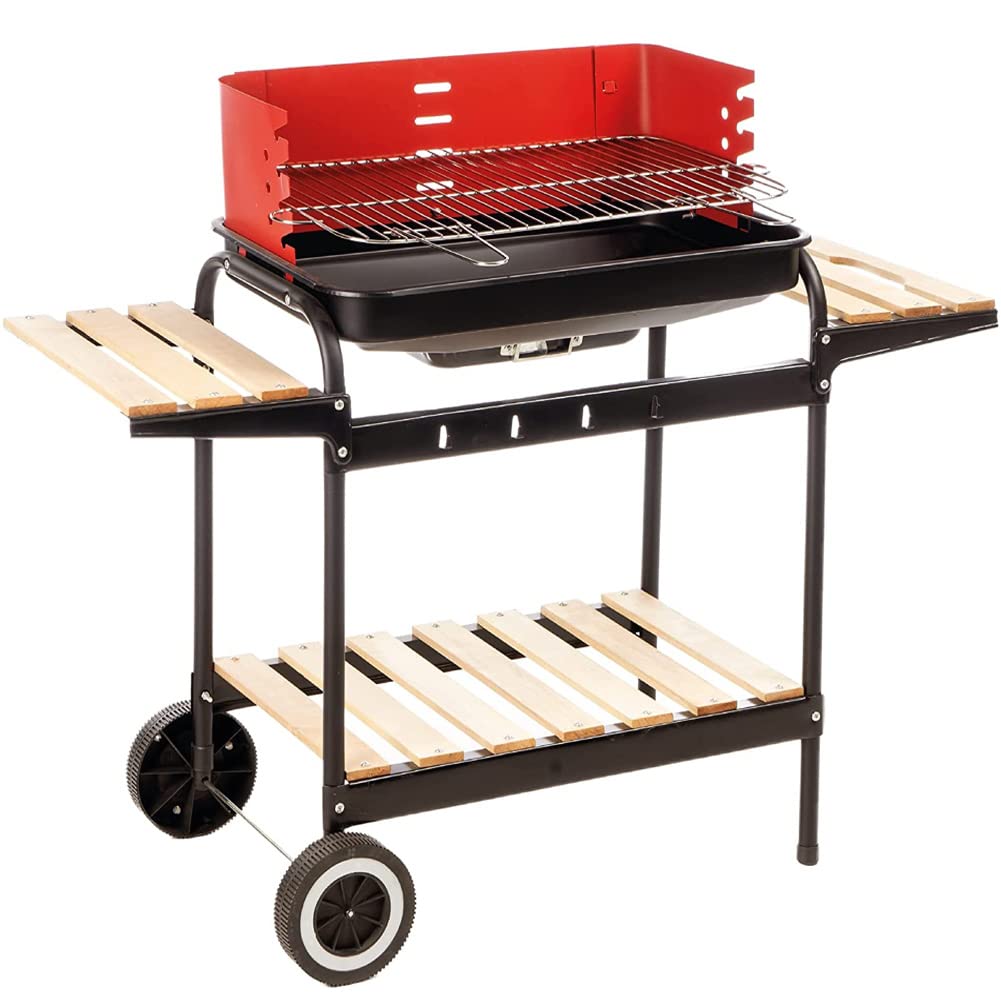 BAKAJI Barbecue Trolley a Carbonella in Metallo e Legno, BBQ Braciere Portatile con 3 Ripiani d'Appoggio e 2 Ruote, Grill da Giardino Ideale per Campeggio, Balcone, Esterni, Graticola in Acciaio