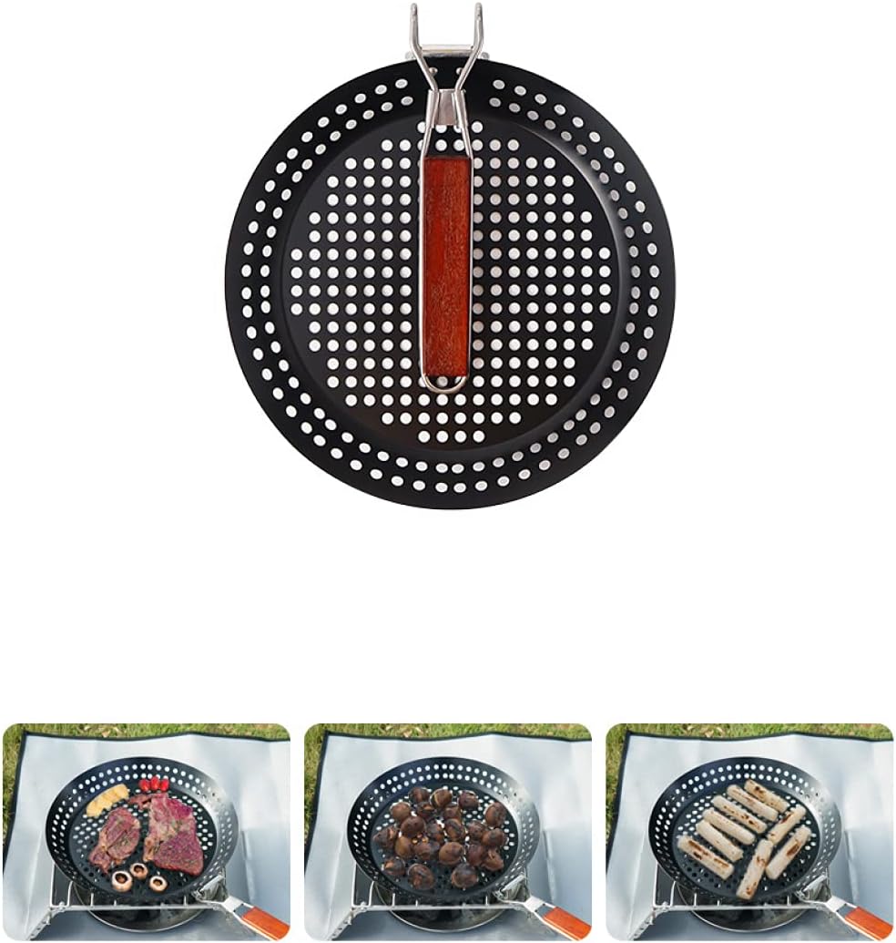 Round Barbecue Nonstick Pan Grill Skillet Grill Topper Tray with Foldable Handle BBQ Grill Wok for Home Kitchen Outdoor Barbecue