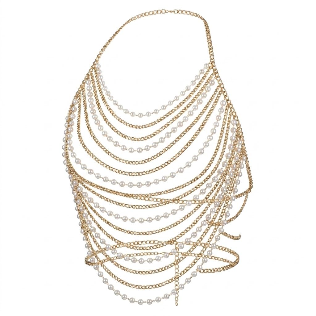 Multi-layered Pearl Body Chain Bralette,Summer Beach Beaded Gold Tassel Harness Chest Chain Wedding Pearl Lingerie Jewelry for Women-image-49