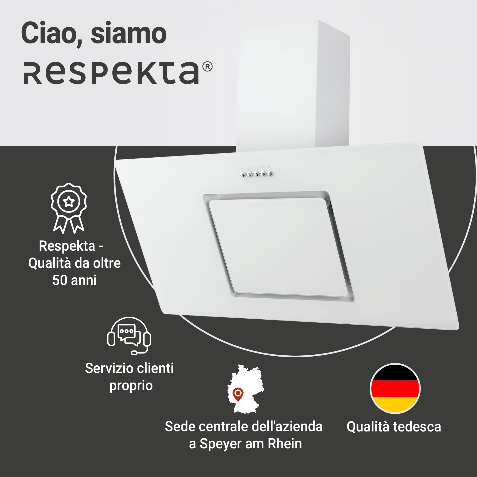 Respekta Cappa Cucina Inclinata Con Spazio Per La Testa, Cappa Cucina Verticale 90 Cm, Scocca In Metallo Con Vetro Bianco, Funzione Di Scarico E Ricircolo, CH22010,90wbz, B, 54 – 62 Db
