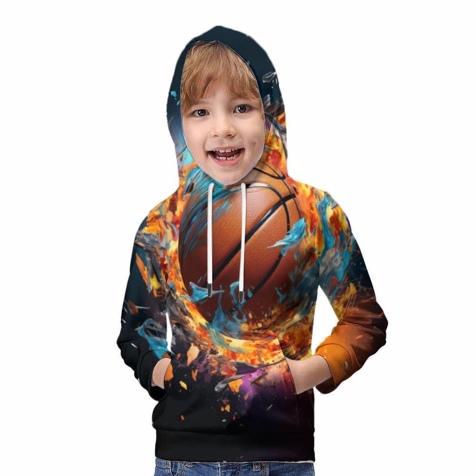 Baloncesto Sudaderas con Capucha para Niño Y Niña 3D Hoodie Impresión Sueltos Jerséis Sudadera Ligera Sudadera con Cordón Y Bolsillos 6-15 Años