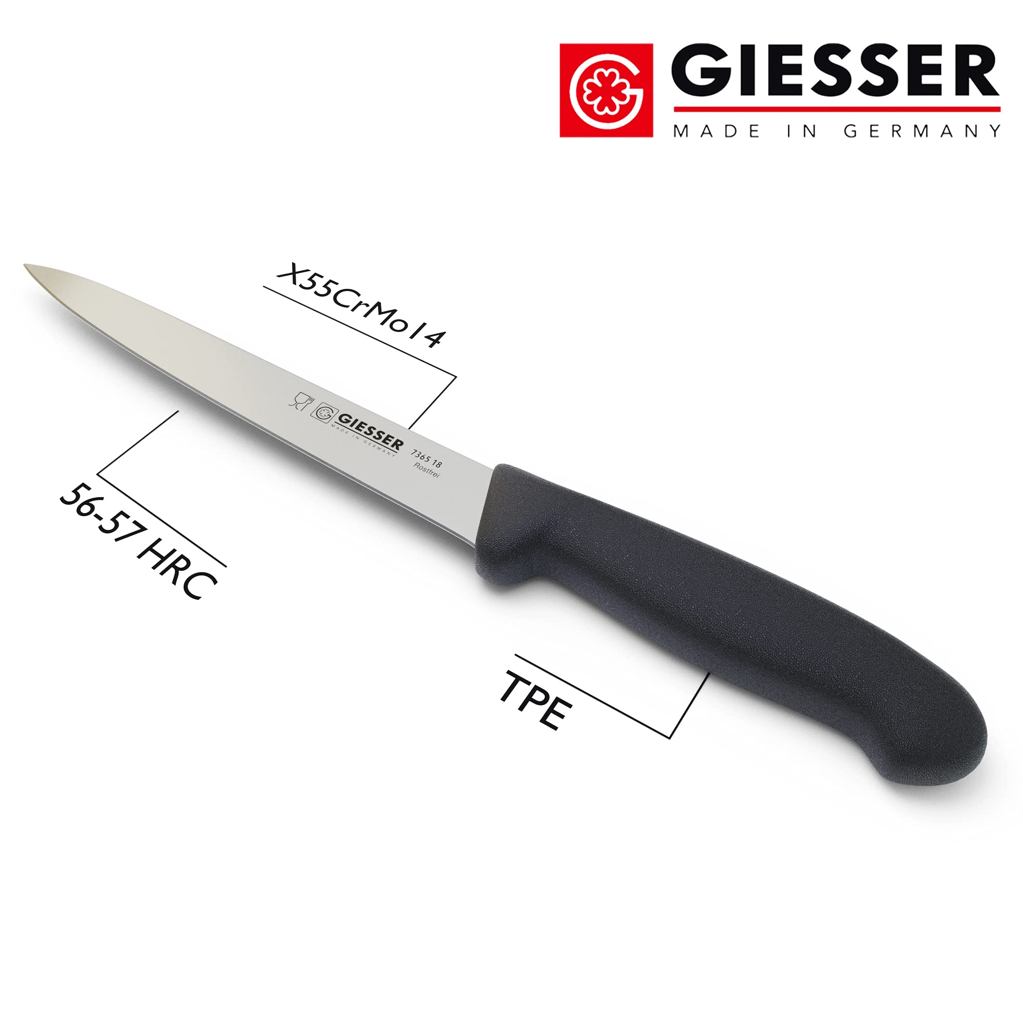 Giesser depuis 1776 - fabriqué en Allemagne - Couteau à fileter noir, Basic Black, lame 18 cm, antidérapant, couteau à fileter lavable au lave-vaisselle, inoxydable