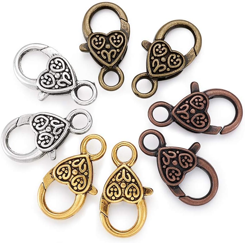 KISSITTY 40-Piece 4 Colors Tibetan Antique Large Heart Lobster Clasps 1x0.55 Inch (25.5x14mm) Jewelry Making Findings
