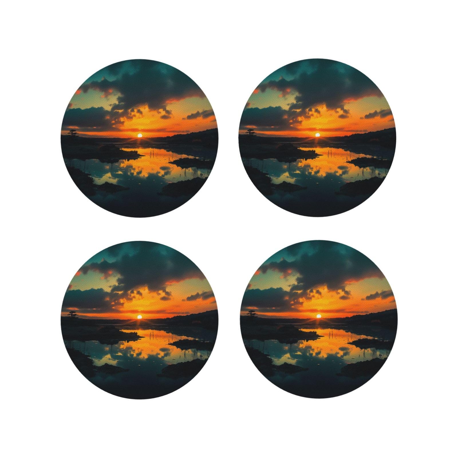 4Pcs PU Leather Coaster for Drinks, Sunset Dawn Cup Coastersr 4" Cup Mat Pad, Aesthetic Drink Coasters for Coffee Table, Round Shape Coaster for Tabletop Protection