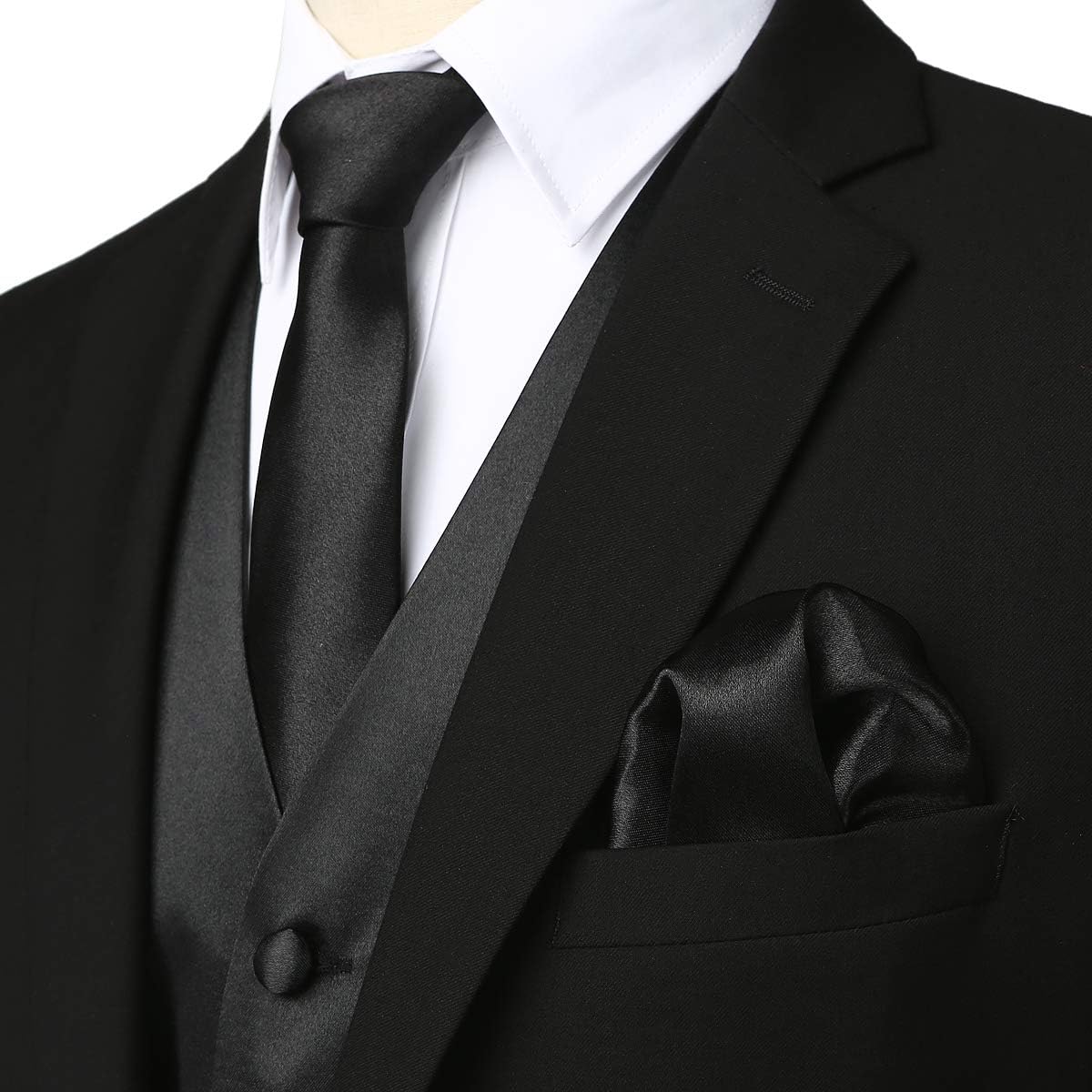 ZEROYAA Men's Solid 4pc Shiny Satin Vest Necktie Bowtie Pocket Square Set for Suit or Tuxedo