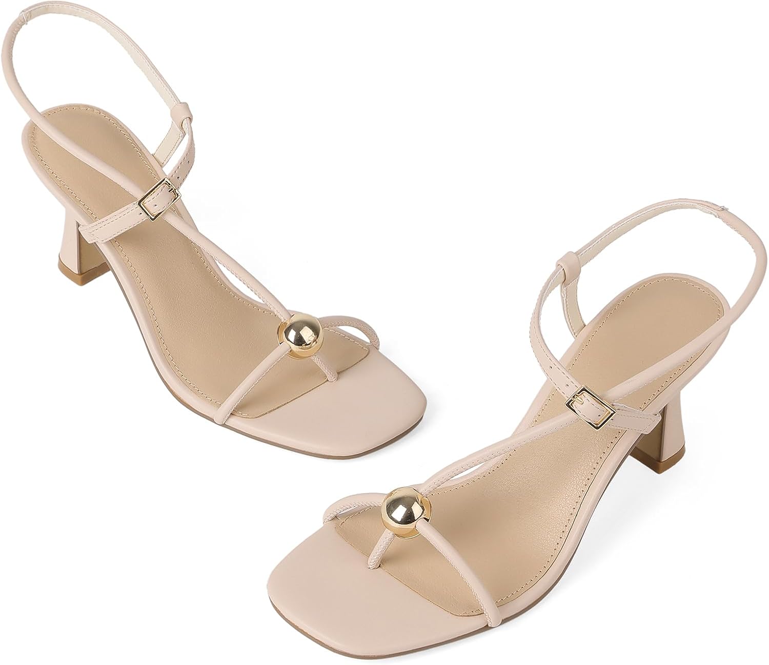 Womens Kitten Heel Sandals Square Open Toe Strappy Slingback Thong Heels with Ankle Buckle, Comfortable Dress Shoes for Summer Parties & Events