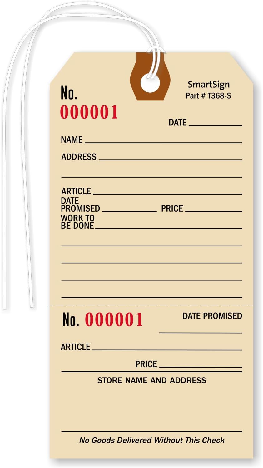 SmartSign (Pack of 100) 5.25 x 2.625 inch Numbered Repair Tags with Pre-Attached String and Stub (Size - 6), 10 Point Manila Cardstock