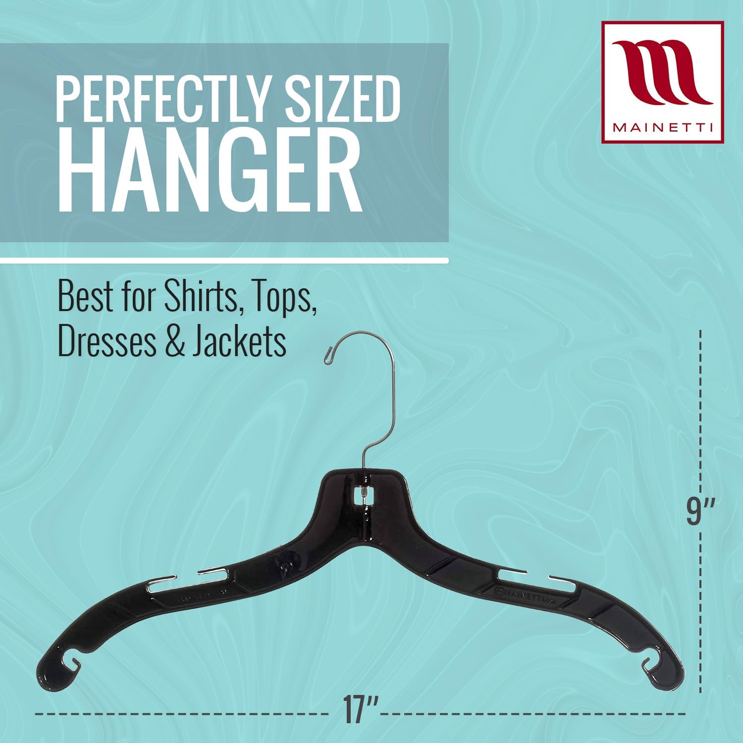 Mainetti 5400 Black Plastic Hangers - 20 Pack with 360 Swivel Metal Hook and Notches for Straps, Great for Shirts/Tops/Dresses/Jackets, 17-Inch - Image 3