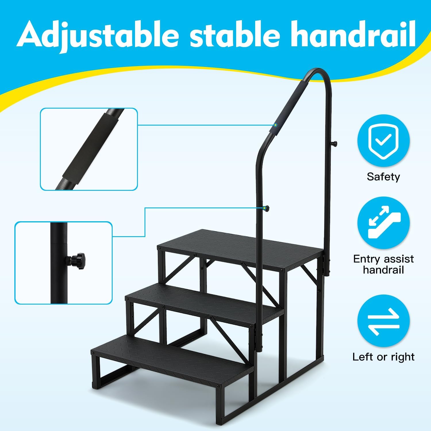 YOLENY 3-Step RV Steps with Handrail, 660 LBS Metal RV Stairs with Armrest Cover, Anti-Slip Hot Tub Steps, Mobile Home Steps for Travel Trailers, Hot Tub, Camper, Pool and Porch