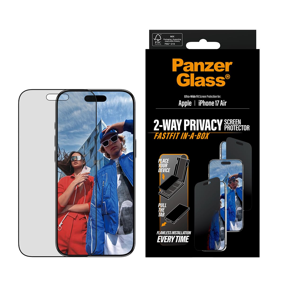Panzer Glass Privacy Screen Protector w. Black Frame iPhone Air | Ultra-Wide Fit w. Fastfit in-a-box