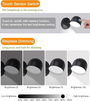 KAWELL Indoor LED Wall Light Touch Sensitive LED Reading Wall Lamp Stepless Dimming LED Wall Spotlight 350° Free Rotation for Bedroom Bedside Living Room Stairs Hallway Corridor, Black 6000K [Energy Class F]